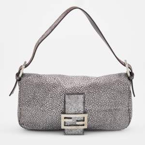 Fendi Silver Lurex Fabric and Leather Baguette Shoulder Bag