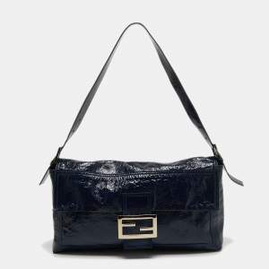 Fendi Navy Blue Patent Leather Maxi Convertible Baguette Bag