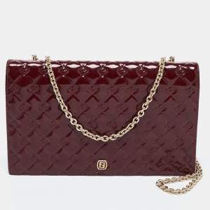 Pre Owned Fendi Burgundy Patent Leather Fendilicious Chain Clutch