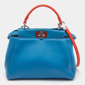 Pre Owned Fendi Blue/Orange Leather Mini Peekaboo Top Handle Bag