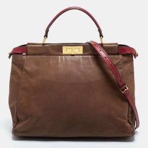 Pre Owned Fendi Brown Leather Peekaboo Large Top Handle Bag