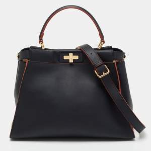 Pre Owned Fendi Dark Blue Leather Medium Peekaboo Top Handle Bag
