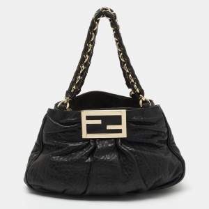Pre Owned Fendi Black Pebbled Leather Small Mia Tote
