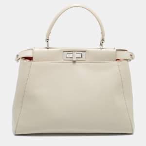 Pre Owned Fendi Off White Leather Medium Peekaboo Top Handle Bag