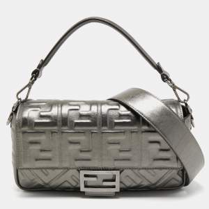 Fendi Metallic Grey Monogram Embossed Leather Baguette Shoulder Bag