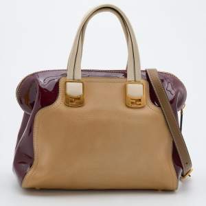 Pre Owned Fendi Beige/Burgundy Patent and Leather Chameleon Satchel 