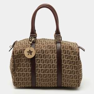 Pre Owned Fendi Brown Zucchino Canvas and Leather Forever Bauletto Boston Bag