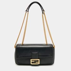 Pre Owned Fendi Black Leather Baguette Shoulder Bag