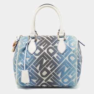 Fendi Blue/White Logo Print Canvas Boston Bag