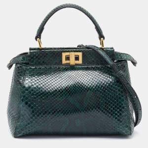 Pre Owned Fendi Green/Black Python Leather Mini Peekaboo Top Handle Bag