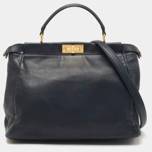 Fendi Dark Blue Leather Large Peekaboo Top Handle Bag
