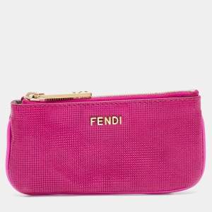 Fendi Metallic Pink Textured Leather Key Chain Zip Pouch
