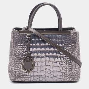 Fendi Silver/Brown Croc Embossed Patent Leather Small 2Jours Tote