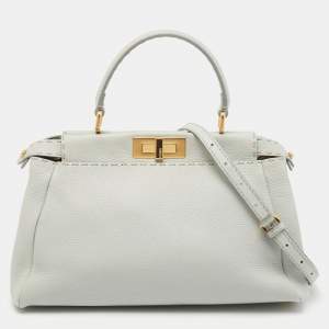 Pre Owned Fendi Light Blue Selleria Leather Made To Order Peekaboo Top Handle Bag