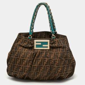 Pre Owned Fendi Tobacco/Teal Zucca Canvas and Patent Leather Large Mia Hobo