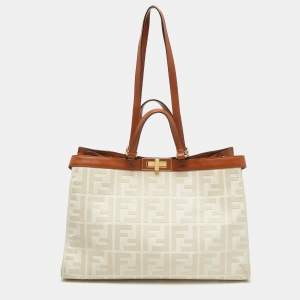 Pre Owned Fendi Brown/Off White FF Embroidery Canvas Medium X Shopper Tote