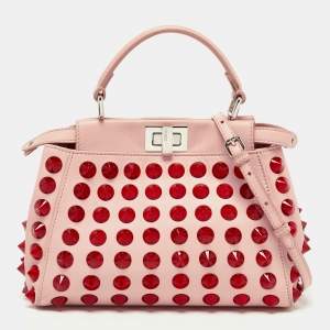 Pre Owned Fendi Light Pink Leather Mini Peekaboo Studded Top Handle Bag