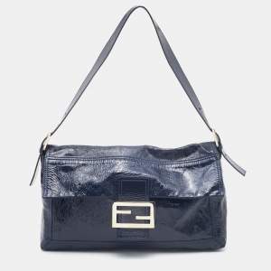 Fendi Navy Blue Patent Leather Maxi Baguette Shoulder Bag