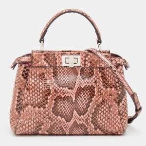 Pre Owned Fendi Peach/Brown Python Leather Mini Peekaboo Top Handle Bag