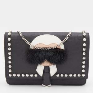 Pre Owned Fendi Black Leather Studded Karlito Wallet on Chain
