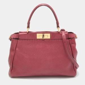 Pre Owned Fendi Metallic Red Leather Sellier Medium Peekaboo Top Handle Bag