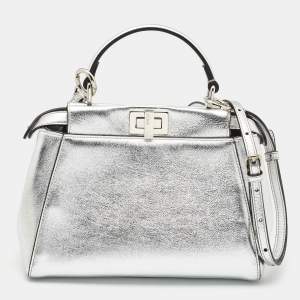Pre Owned Fendi Silver Leather Mini Peekaboo Top Handle Bag