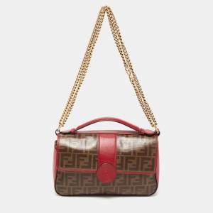 Pre Owned Fendi Tobacco/Red Zucca Coated Canvas and Leather Double F Top Handle Bag