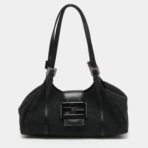 Fendi Black Zucchino Canvas and Leather Baguette Bag