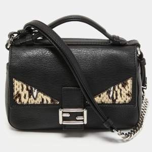 Fendi Black Leather and Watersnake Monster Micro Double Baguette Bag