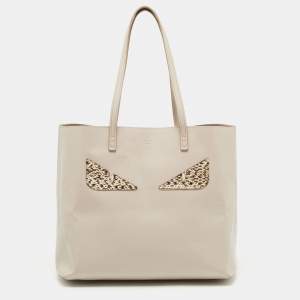 Pre Owned Fendi Light Beige Leather and Python Detail Monster Roll Tote