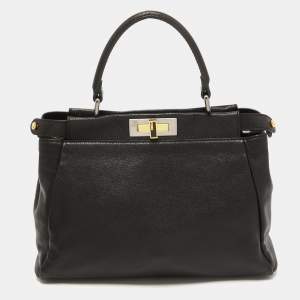 Pre Owned Fendi Black Leather Medium Peekaboo Top Handle Bag