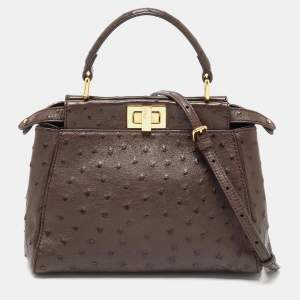 Pre Owned Fendi Brown Ostrich Leather Mini Peekaboo Top Handle Bag