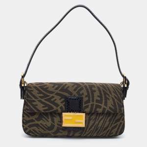 Pre Owned Fendi x Sarah Coleman Brown/Black FF Vertigo Canvas and Watersnake Leather Small Baguette 