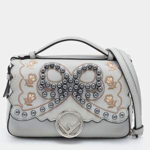 Pre Owned Fendi Grey/Beige Embellished Leather Micro Double Baguette Bag