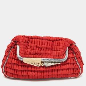 Pre Owned Fendi Red/Silver Pleated Satin Borderline Clutch