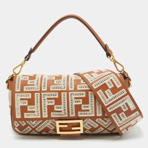 Fendi Brown FF Embroidery Fabric and Leather Baguette Shoulder Bag