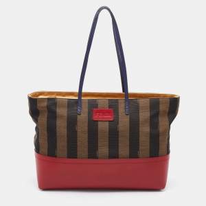 Pre Owned Fendi Tobacco/Red Pequin Striped Canvas and Leather Roll Shopper Tote