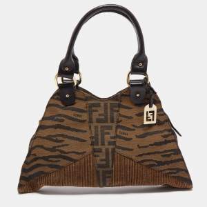 Pre Owned Fendi Brown Zucca/Tiger Print Canvas and Corduroy Devil Trapezio Shoulder Bag