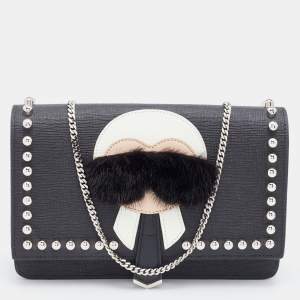 Pre Owned Fendi Black Leather Karlito Wallet on Chain 