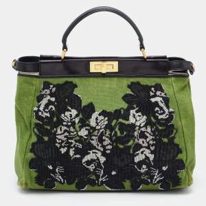 Fendi Green/Black Canvas and Leather, Beaded Large Peekaboo Top Handle Bag