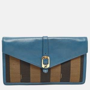 Pre Owned Fendi Dark Blue/Tobacco Pequin Canvas and Leather Bustina Clutch