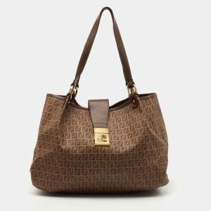 Pre Owned Fendi Brown Zucchino Coated Canvas Chiusura Tote
