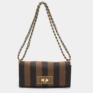 Pre Owned Fendi Tobacco Pequin Canvas and Leather Small Claudia Shoulder Bag