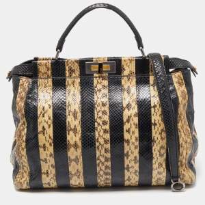 Pre Owned Fendi Beige/Black Python Leather Large Peekaboo Top Handle Bag