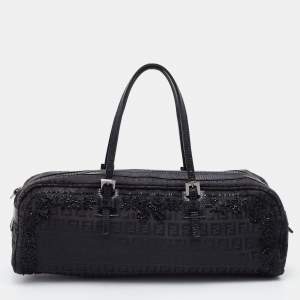 Pre Owned Fendi Black Zucca Canvas and Leather Embellished Bowler Bag