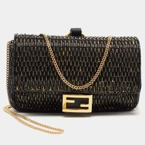 Pre Owned Fendi Black/Gold Beaded Nano Baguette Crossbody Bag