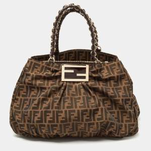Pre Owned Fendi Tobacco Zucca Canvas and Patent Leather Large Mia Hobo