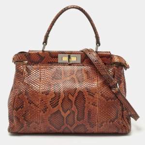 Pre Owned Fendi Brown Python Medium Peekaboo Top Handle Bag