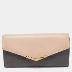 Pre Owned Fendi Grey/Beige Leather 2 Jours Flap Wallet