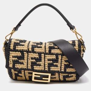 Pre Owned Fendi Black/Beige Zucca Raffia and Leather Baguette Flap Bag